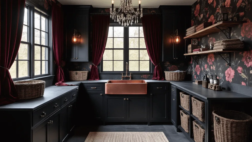 "Western Gothic laundry room with black cabinets, burgundy velvet curtains, copper farmhouse sink, wrought iron fixtures, and dark floral wallpaper"