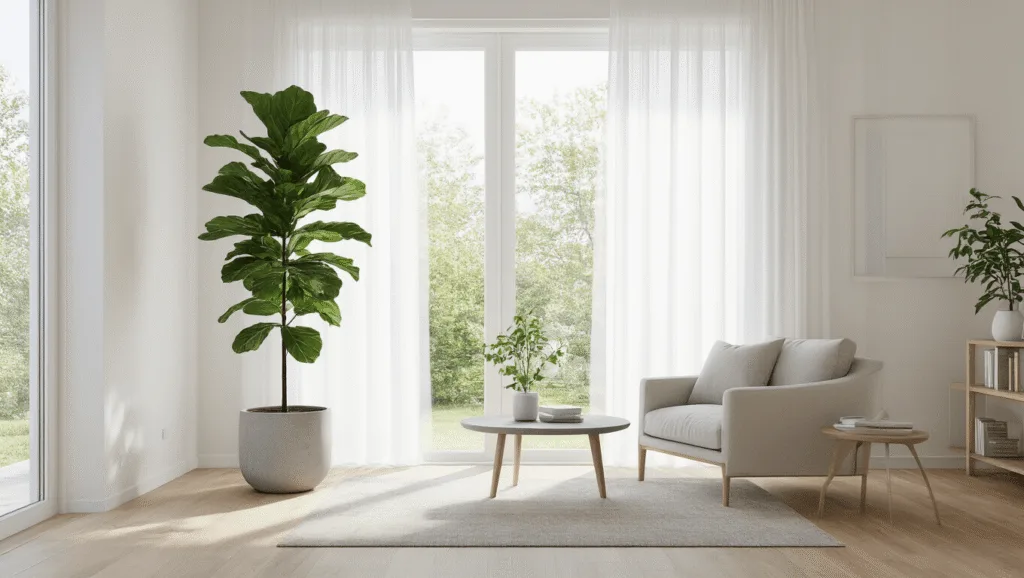 "Japandi style minimalist living room with fiddle leaf fig in concrete planter, light oak flooring, and sheer curtains allowing natural light"