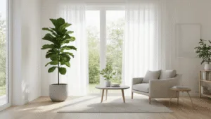 "Japandi style minimalist living room with fiddle leaf fig in concrete planter, light oak flooring, and sheer curtains allowing natural light"