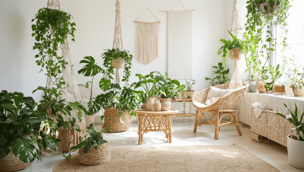 "Bohemian sunlit room with lush hanging pothos and spider plants in macrame hangers, rattan furniture against white walls bathed in natural light"