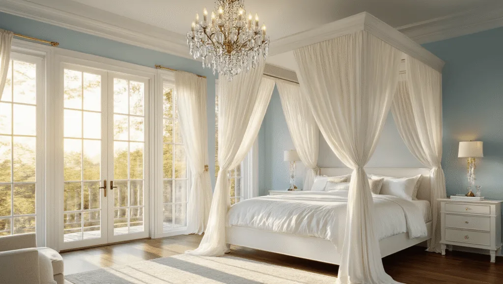 "Luxurious master bedroom with white canopy bed, crystal chandelier, pale blue walls, hardwood floors, and warm golden sunlight streaming through windows"