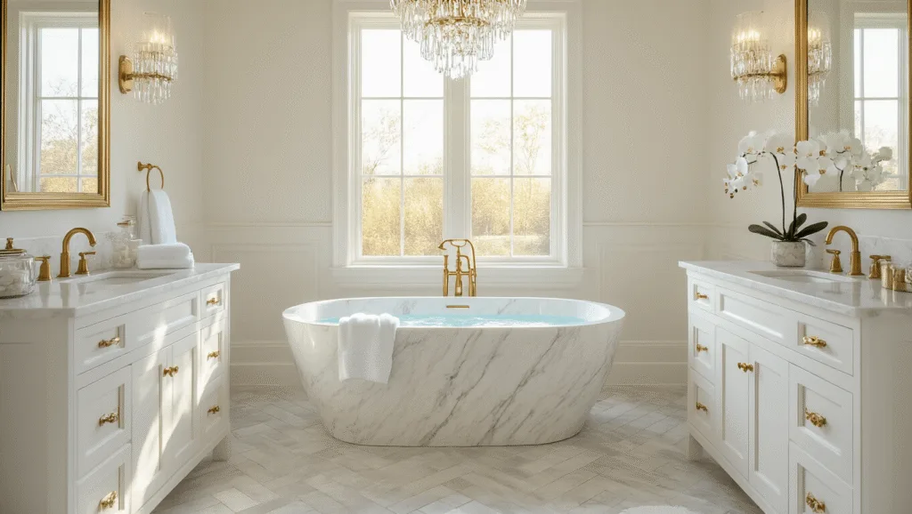 "Luxurious transitional bathroom with a white marble tub, herringbone floor, brushed brass fixtures, and a double vanity under soft golden hour light"