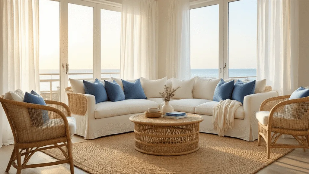 "Modern coastal living room with cream linen sofa, rattan chairs, jute rug, and blue accents, illuminated by golden sunlight filtering through sheer curtains"