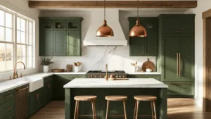 "Modern farmhouse kitchen with hunter green cabinets, white marble countertops, and copper pendant lights, bathed in golden hour sunlight"