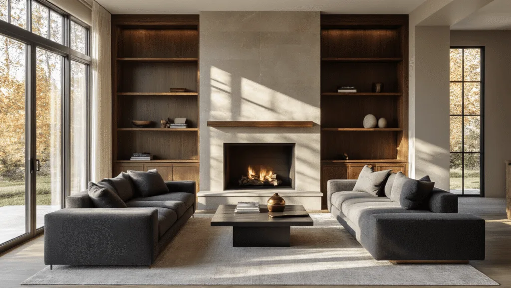 "Elegant modern living room with a limestone fireplace, charcoal gray sectional, brass accents and walnut shelves bathed in warm afternoon sunlight"