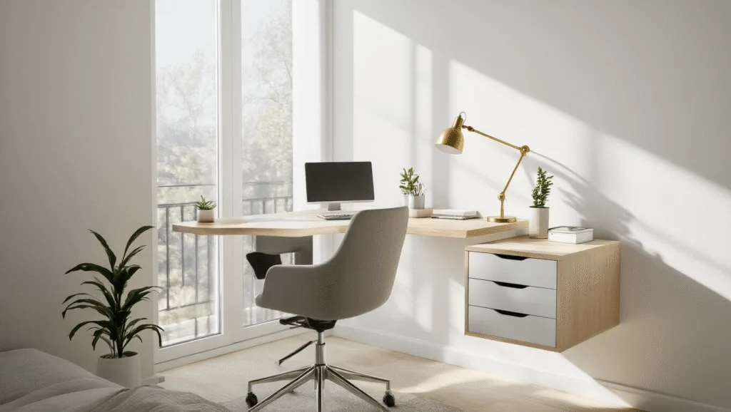 "Modern home office with floating desk, ergonomic chair, task lamp, a small potted plant, and natural light streaming through window."