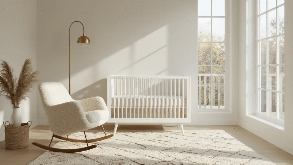 "Modern minimalist nursery with white crib, oatmeal boucle rocker, geometric rug, brass accents, and floor-to-ceiling windows"