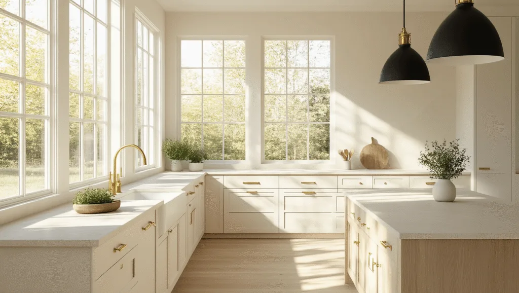 "Bright, modern kitchen interior with white oak cabinets, creamy limestone countertops, brass hardware, and morning sunlight streaming through large windows"