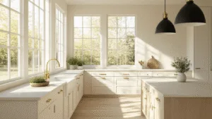 "Bright, modern kitchen interior with white oak cabinets, creamy limestone countertops, brass hardware, and morning sunlight streaming through large windows"
