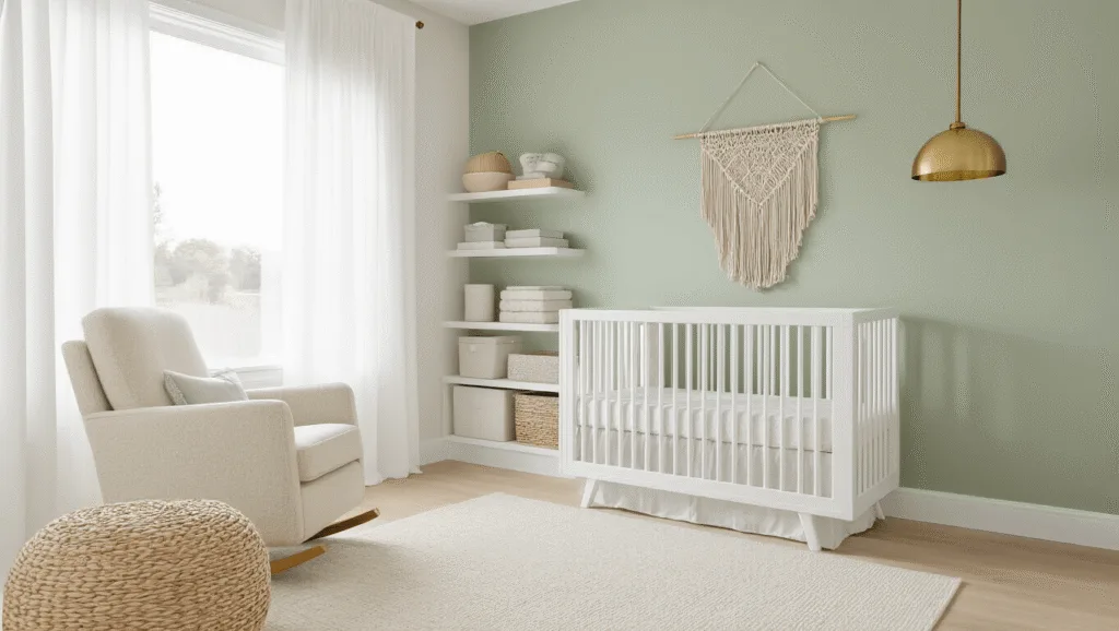 "Modern minimalist nursery with white convertible crib, sage green wall, oak floors, sheer white curtains, brass pendant light, cream chair, and macrame wall hanging"