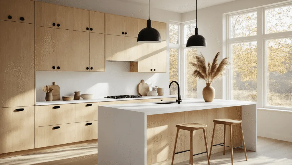 "Modern Scandinavian kitchen with birch cabinets, white quartz island, and natural light streaming in"