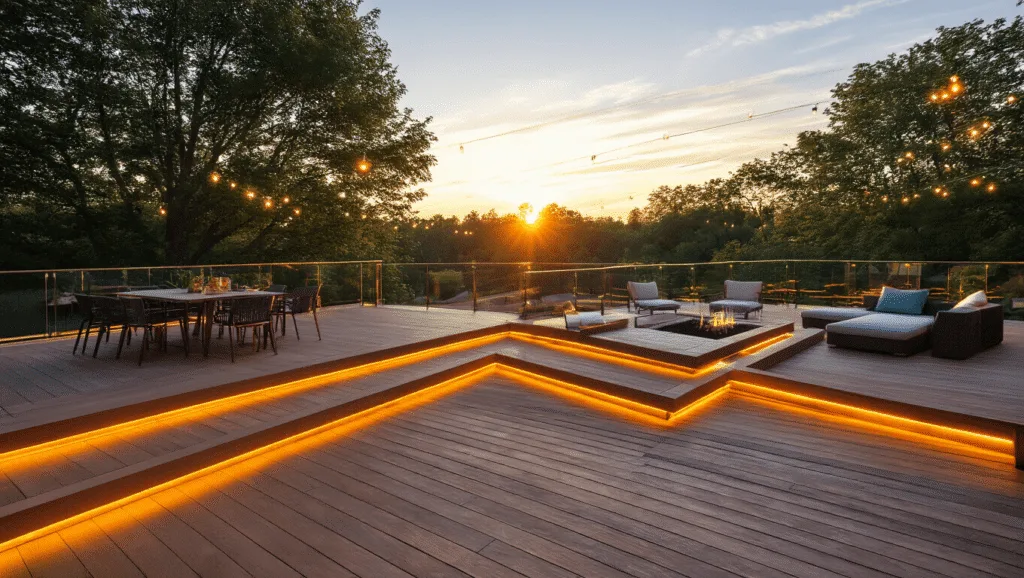 "Modern multi-level cedar deck at sunset with glass railings, LED lighting, outdoor furniture, sunken conversation pit, and string lights amidst mature trees"