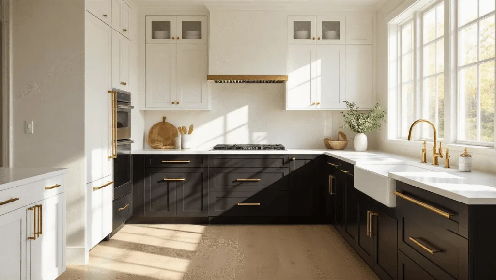 "Modern kitchen interior with espresso and white two-tone cabinets, brass hardware, cream quartz countertops, and white oak floors, bathed in natural morning sunlight"