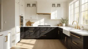 "Modern kitchen interior with espresso and white two-tone cabinets, brass hardware, cream quartz countertops, and white oak floors, bathed in natural morning sunlight"