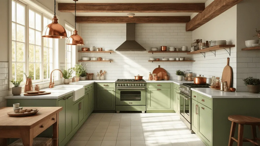 "Sunny modern vintage kitchen with sage green cabinets, copper accents, marble counters, rustic wooden beams, white subway tiles, retro appliances bathed in morning light."