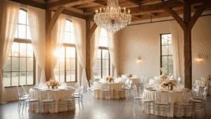"Modern vintage wedding reception illuminated by golden hour sunlight featuring a crystal chandelier, exposed wooden beams, ghost chairs, blush rose centerpieces and cream linens."