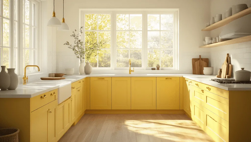 "Sunlit modern kitchen with yellow cabinets, white quartz countertops, brass hardware, and Scandinavian decor in the morning light"