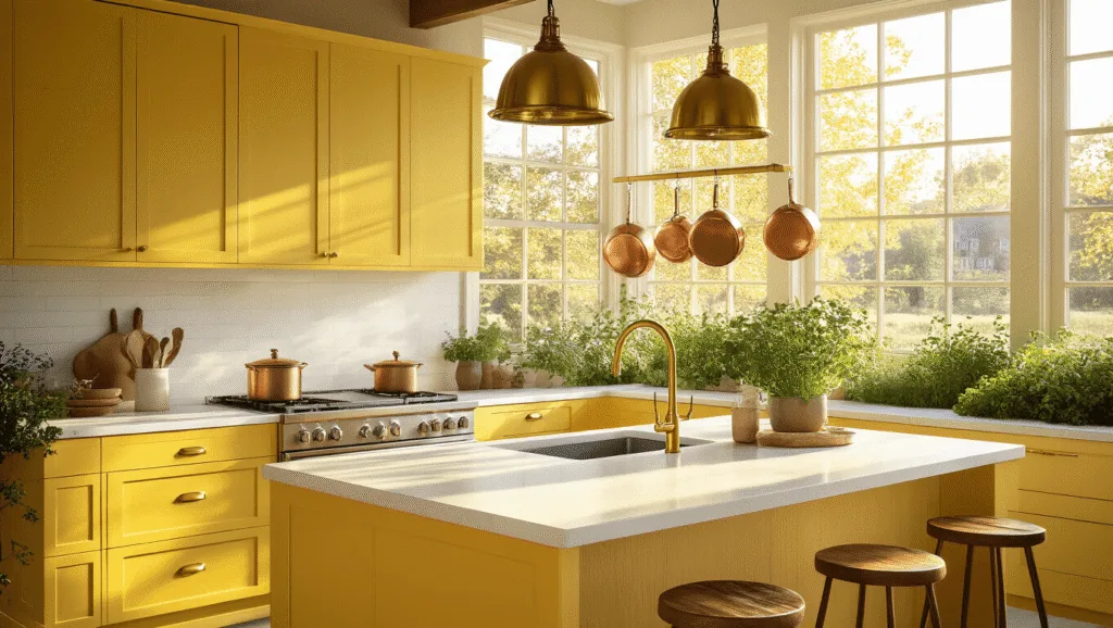 "Modern sunlit kitchen with yellow cabinets, quartz island, brass pendants, farmhouse sink and copper pots during golden hour"