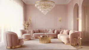"Modern blush pink interior with plush velvet furniture, gold accents, and dreamy sunset lighting"