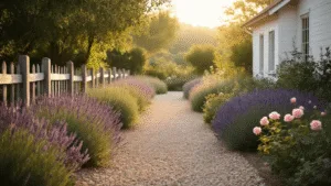 "Crushed gravel garden path lined with lavender and pink roses, leading to a whitewashed farmhouse during golden hour"