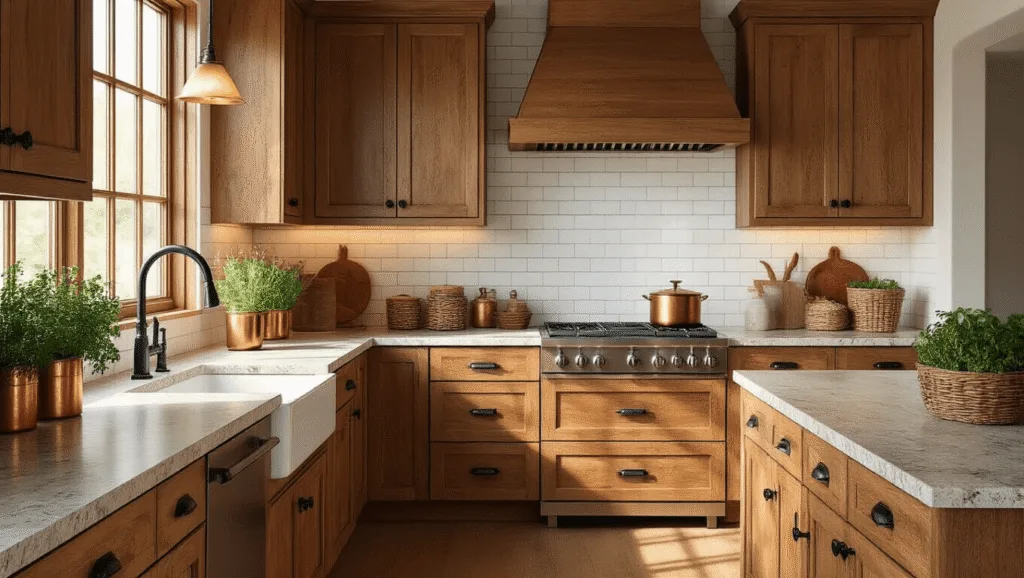"Sunlit kitchen with rustic hickory cabinets, black hardware, copper accents, granite countertops and white subway tile backsplash during golden hour"