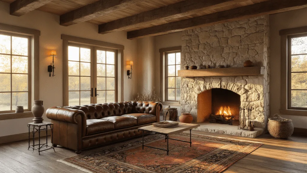 "Cozy rustic living room with wooden beams, leather sofa, stone fireplace, Persian rugs, and a warm golden sunlight streaming through windows"