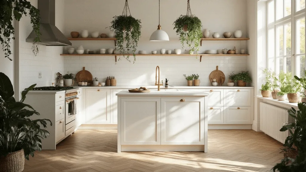 "Bright boho-style kitchen with white oak herringbone floors, matte white island with brass accents, hanging plants, and sunny windows"
