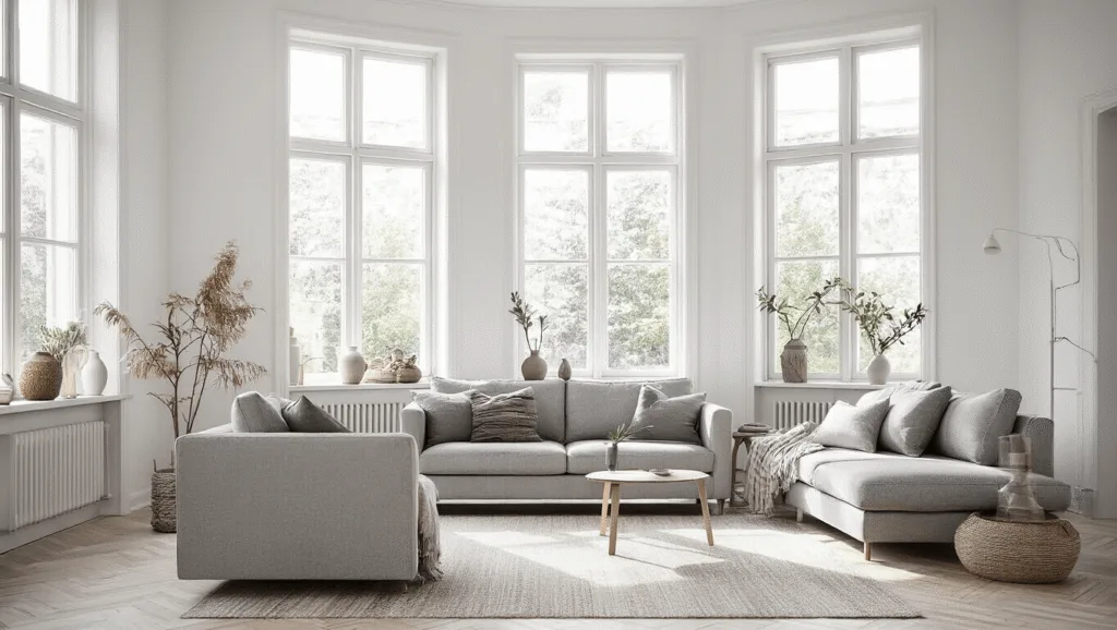 "Bright Scandinavian style living room with minimalist decor, light oak floors, tall windows and hygge atmosphere"