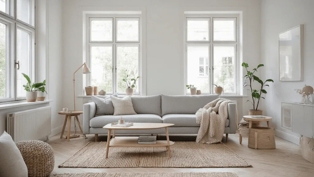 "Scandinavian living room featuring a light gray sofa, blonde wood coffee table, white walls, and large windows illuminating the space with natural morning light."