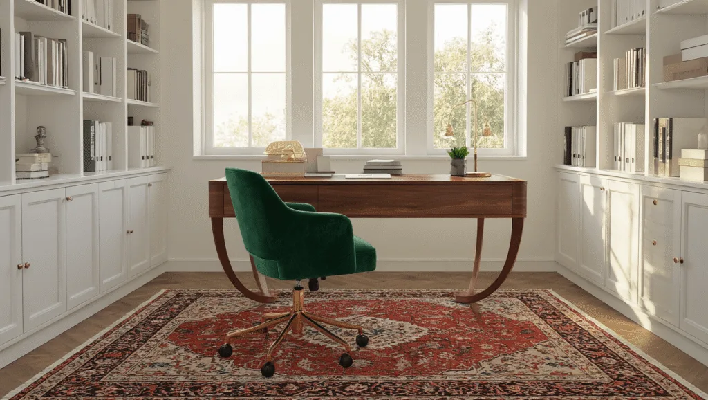 "Sophisticated home office including a walnut desk, emerald velvet chair, Persian rug, white bookshelves with natural sunlight streaming through windows and warm ambient lighting"
