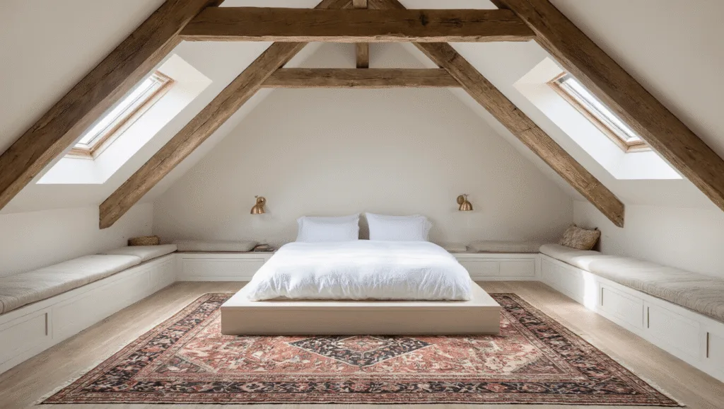 "Sunlit attic bedroom with exposed beams, skylight, platform bed, vintage Persian rug, and white linens in natural daylight."