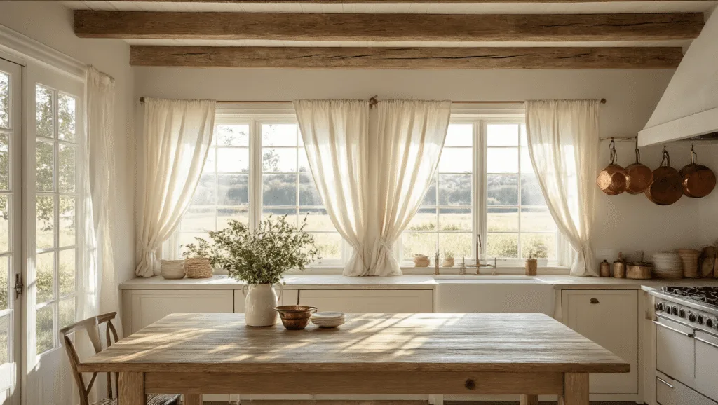 "Sunlit farmhouse kitchen with cream linen curtains, exposed wooden beams, oak table and vintage copper pots"
