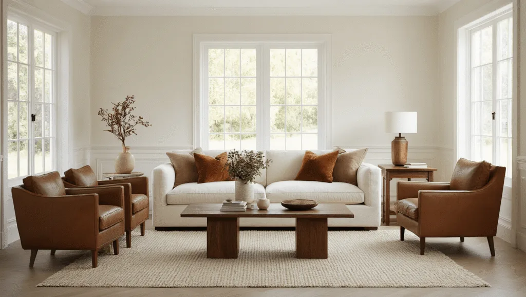 "Elegant living room interior with warm natural light, featuring creamy white walls, oatmeal linen sofa, cognac leather chairs, vintage walnut coffee table, wool rug and velvet pillows."