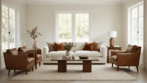 "Elegant living room interior with warm natural light, featuring creamy white walls, oatmeal linen sofa, cognac leather chairs, vintage walnut coffee table, wool rug and velvet pillows."