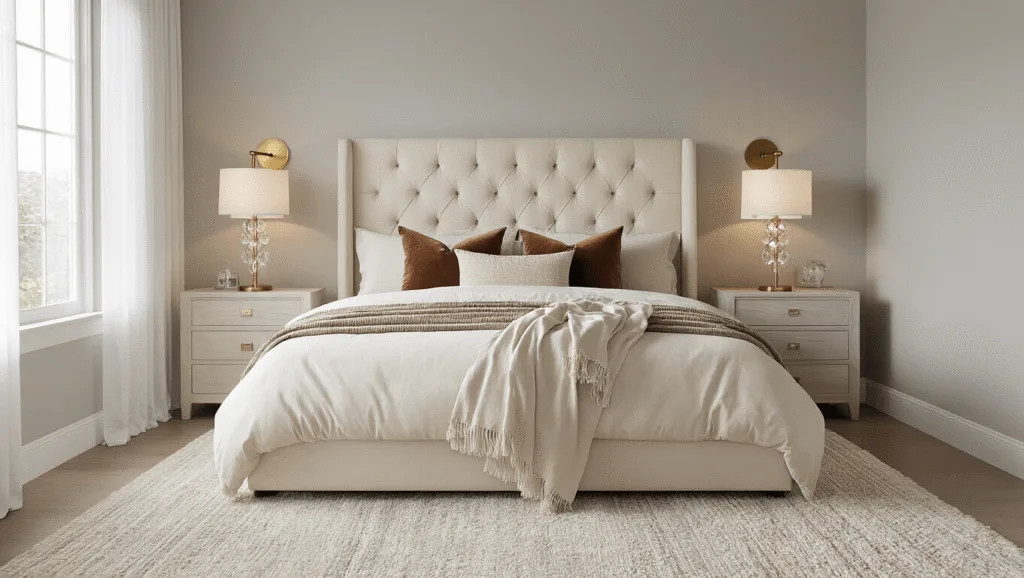 "Transitional bedroom in neutral tones with cream tufted headboard, brass sconces, and natural light through sheer curtains"