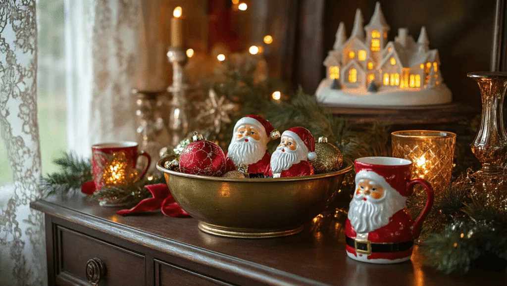 "Vintage Christmas display with Shiny Brite ornaments, ceramic Santa mugs, mercury glass candlesticks and light-up ceramic Christmas village in warm golden light."