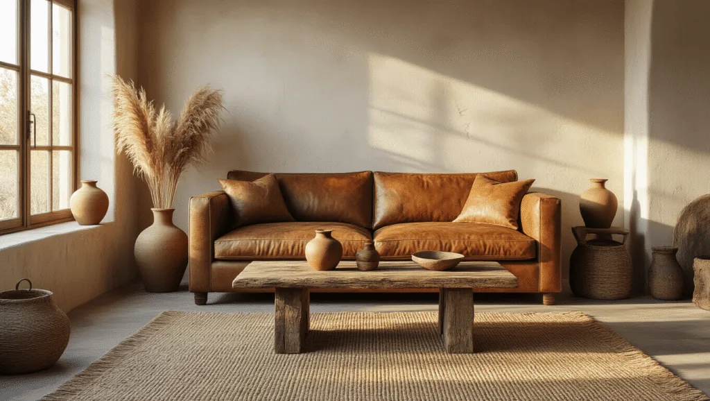 "Wabi-sabi living room with weathered leather sofa, raw plaster walls, jute rug, reclaimed oak table, ceramic vessels, and dried pampas grass in golden hour light"