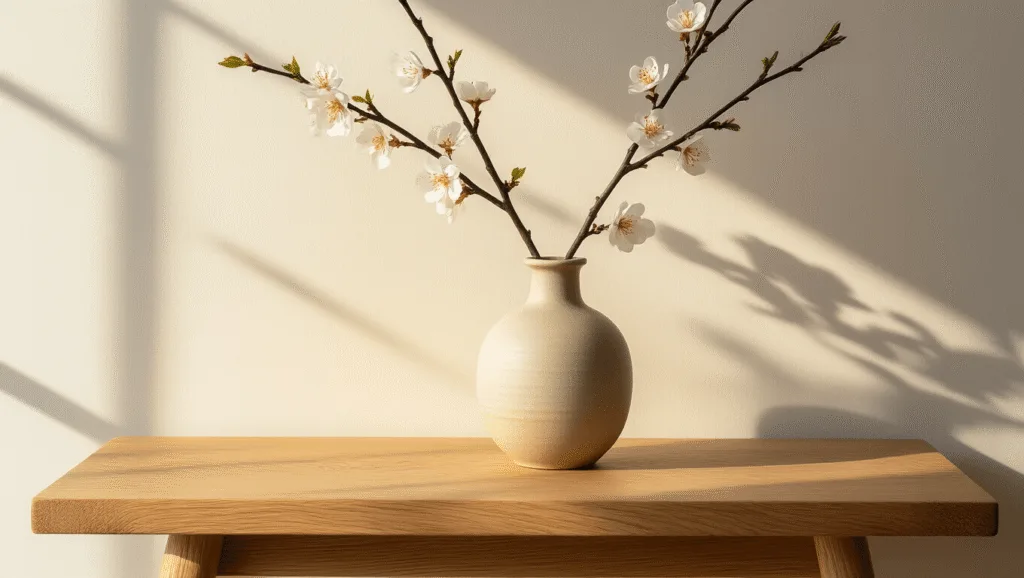 "Handcrafted oak side table with ceramic vase holding a cherry blossom branch during golden hour in a minimalist setting."