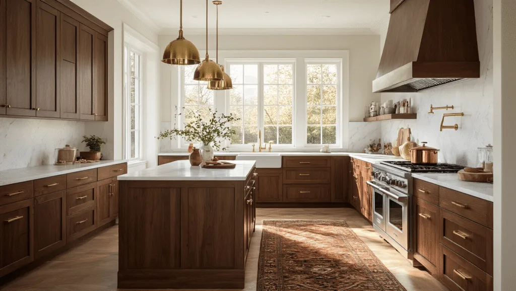 "Modern kitchen interior with warm walnut brown cabinets, white marble countertops, brass pendant lights, professional appliances and a Persian rug, bathed in soft natural sunlight"