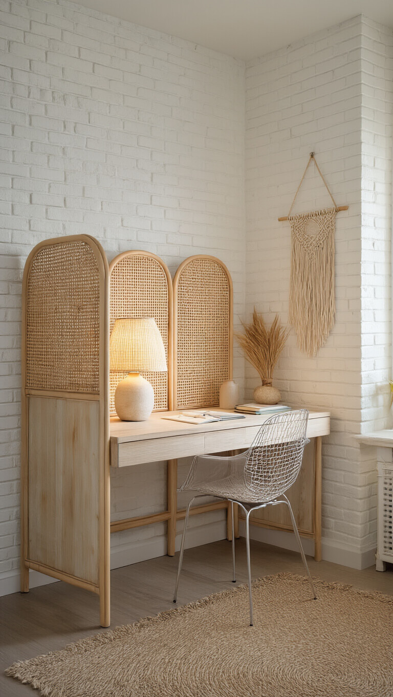 Cozy coastal dorm study nook with bleached wood desk, ghost chair, and soft morning light filtering through rattan divider.