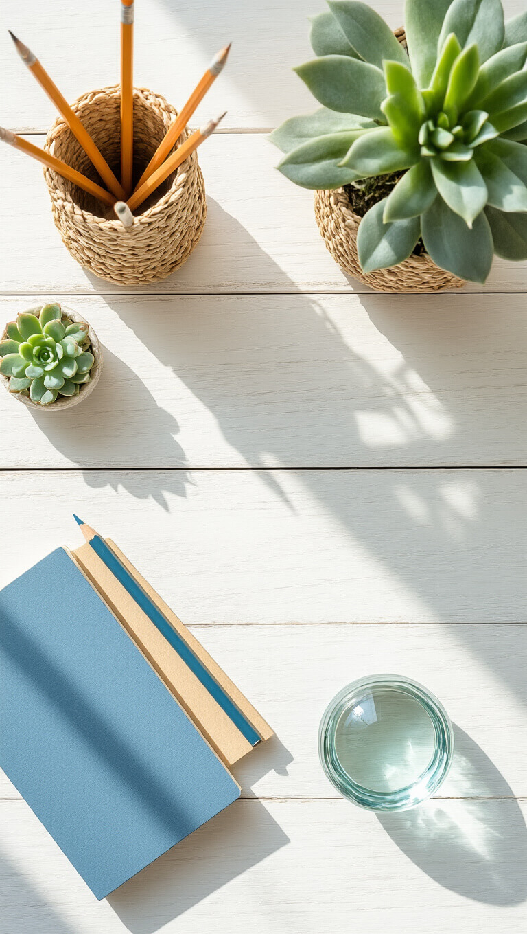 Coastal-themed desk flat lay with study materials, succulent, pencil holder, and glass paperweight on whitewashed wooden surface in natural afternoon light.