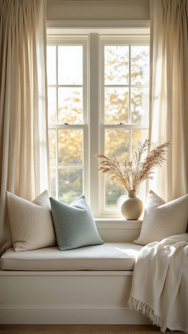 Morning bedroom with ivory linen curtains, cushioned window seat, textured pillows, and dried botanicals in soft backlight.