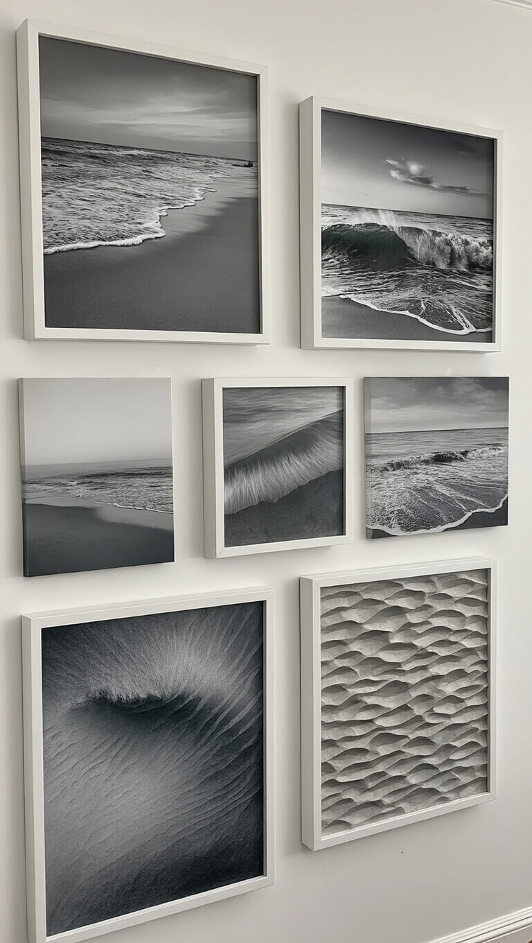 Wall gallery with coastal-themed black and white beach photos, abstract wave prints, and textured art in varied sizes, arranged with balanced spacing on a white wall.