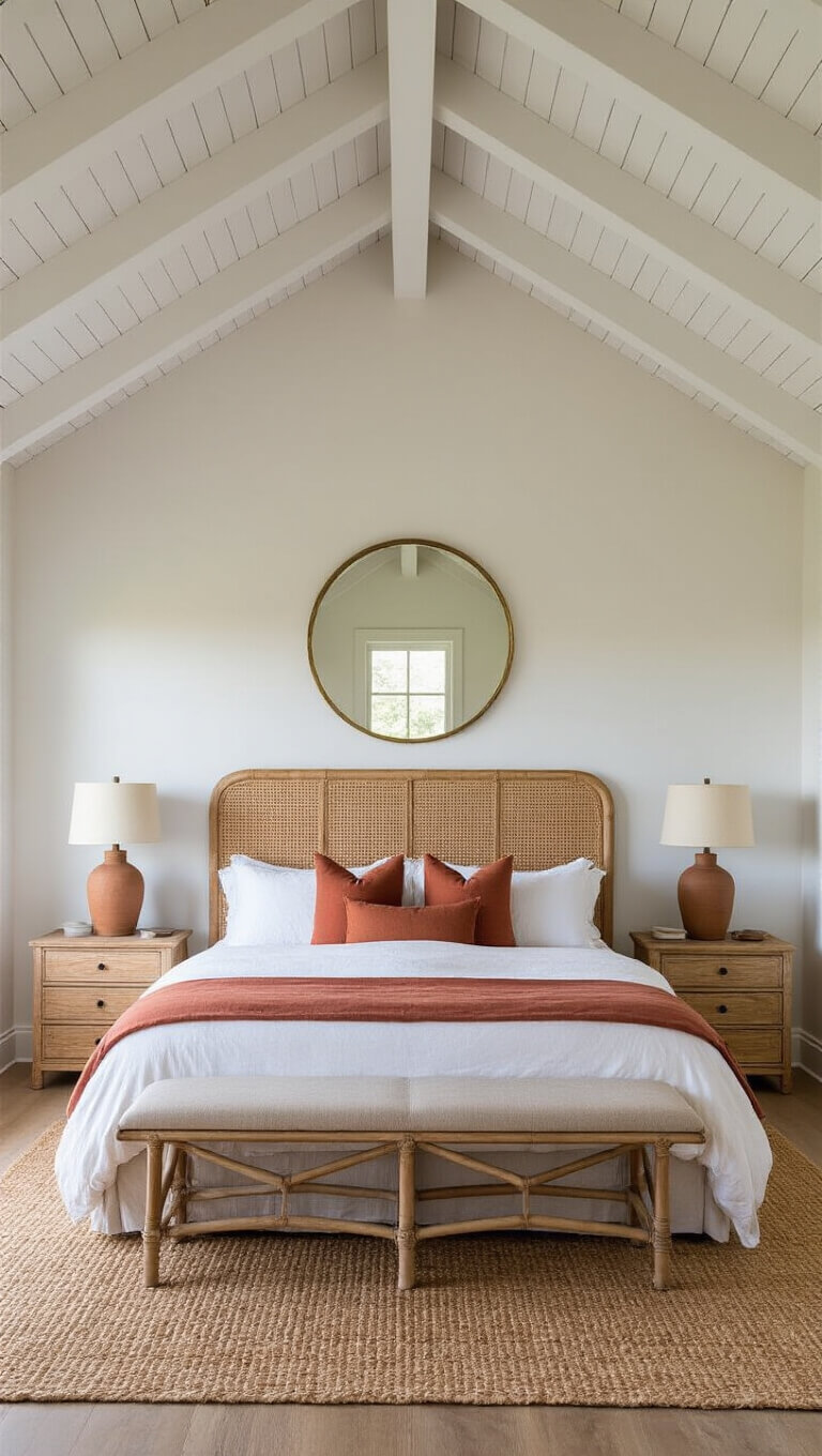 Master bedroom at dawn with vaulted ceilings, California king bed, rattan nightstands, and natural lighting creating a serene atmosphere.