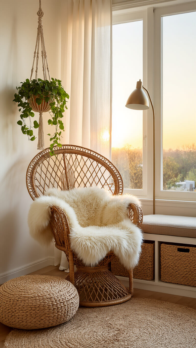 Cozy bedroom corner at sunset with rattan peacock chair, sheepskin throw, macramé plant hanger, jute pouf, and golden light through sheer curtains.