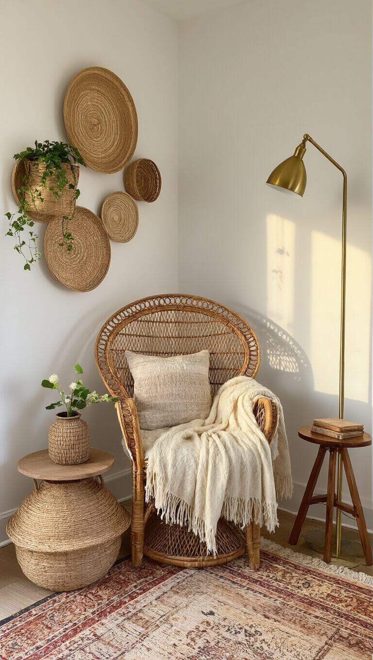 Cozy bedroom corner with vintage rattan peacock chair, cream throw, woven baskets on white wall, earth-toned rugs, brass floor lamp, and trailing plants in warm golden hour light.