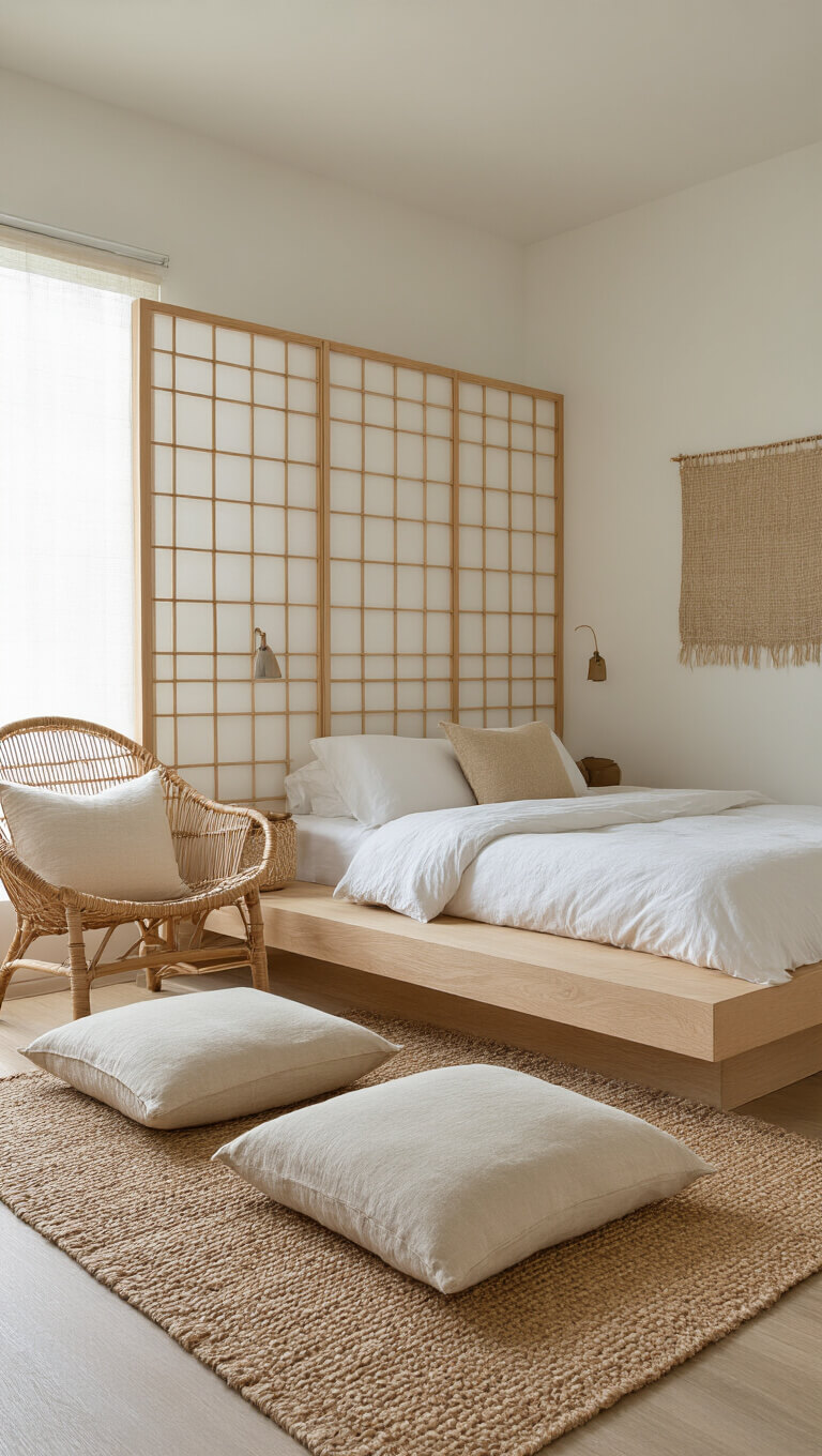 Minimalist 13x15ft bedroom with floating bleached oak bed, shoji screen divider, vintage rattan chair, gallery wall of ceramics and woven art, layered jute rug, and natural morning light.