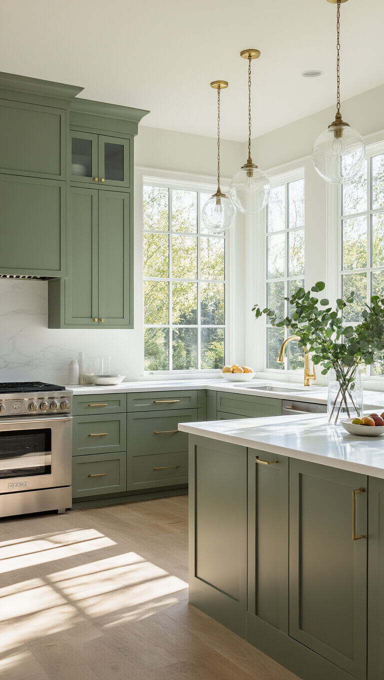 Wide-angle view of a modern kitchen with sage green floor-to-ceiling cabinets, white quartz countertops, a waterfall island, clear glass pendant lights, and natural white oak flooring basking in morning sunlight.