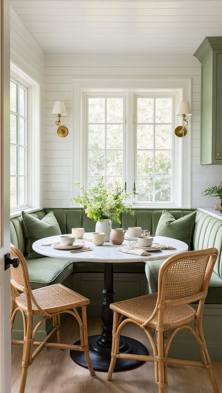 Cozy breakfast nook with sage velvet banquette, marble table, rattan chairs, and soft morning light; brass sconces and fresh flowers add warm, elegant details.