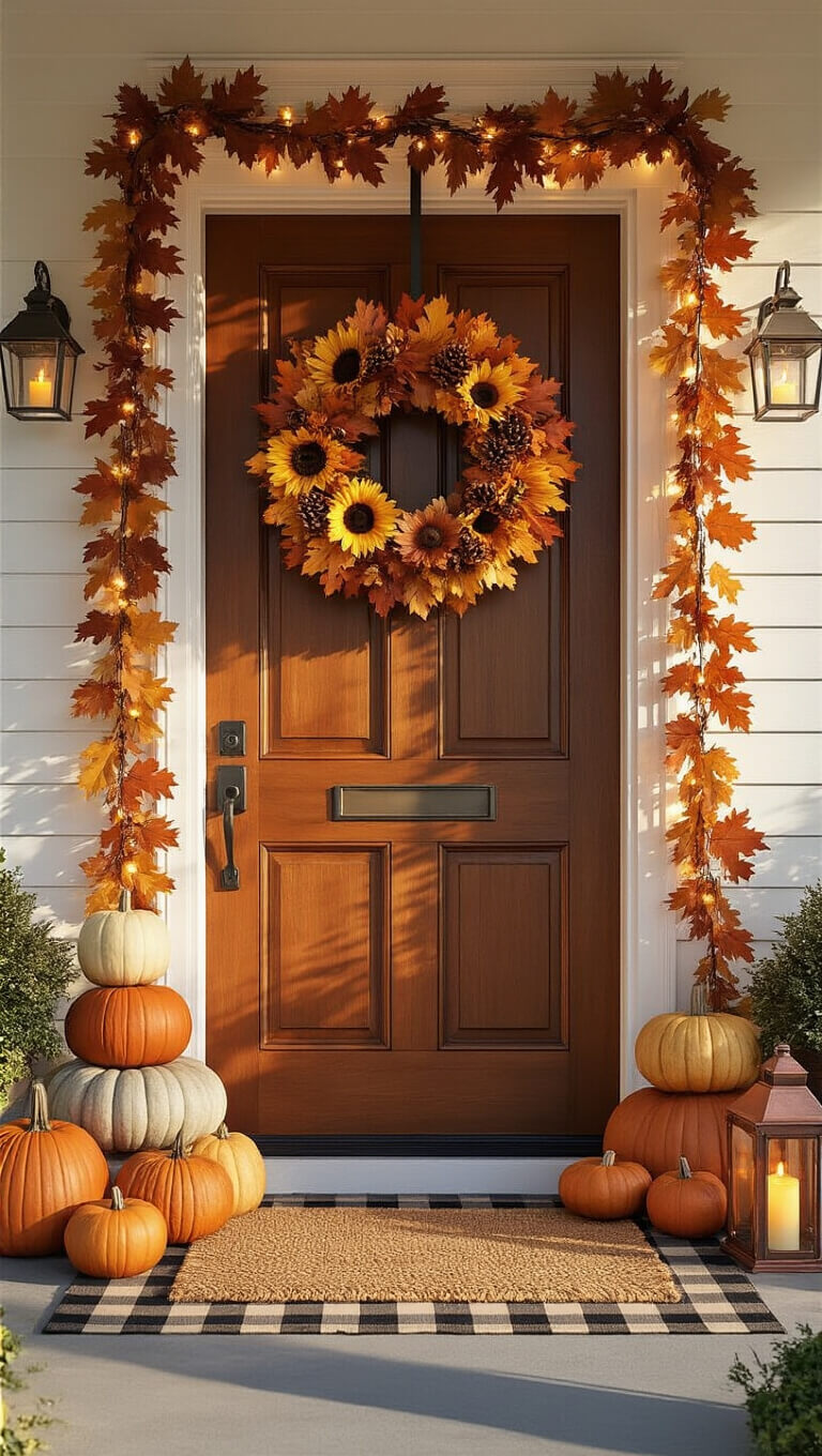 Craftsman-style mahogany front door with autumn wreath, pumpkins, lanterns, and garland in golden hour sunlight.
